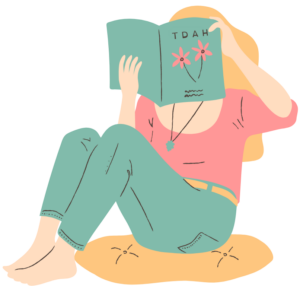 Une maman qui lit un livre sur le TDAH.