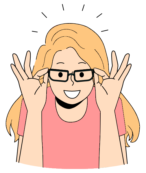 Image d'une femme blonde tenant ses lunettes comme si elle découvrait quelque chose d'intéressant.